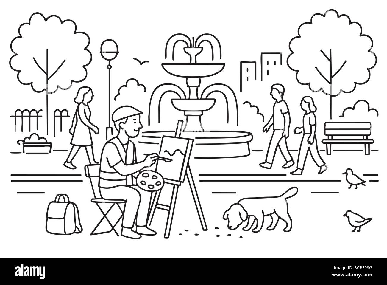 Mann malt auf Staffelei im Stadtpark mit Brunnen und Menschen. Stock Vektor