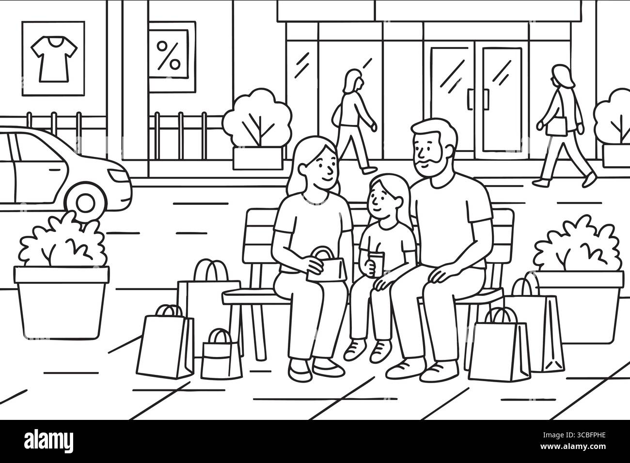 Familie ruht sich auf der Bank mit Einkaufstaschen in der Stadt aus. Stock Vektor