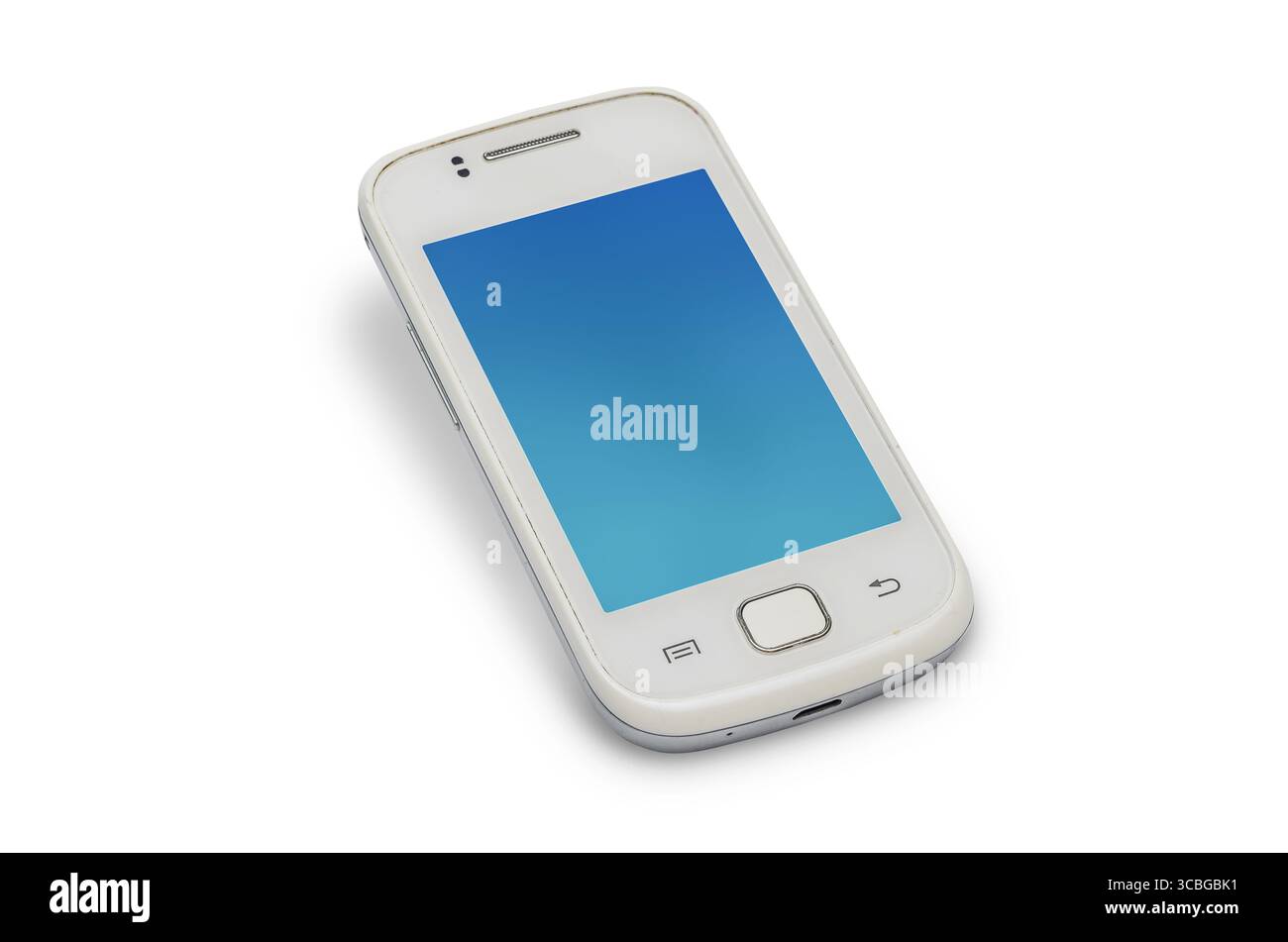 Altes weißes Samsung Flip-Telefon. Altes Mobiltelefon benutzt. Konzept der Verwendung und des Recyclings von Elektronikschrott. Draufsicht, weißer Hintergrund isoliert. Stockfoto