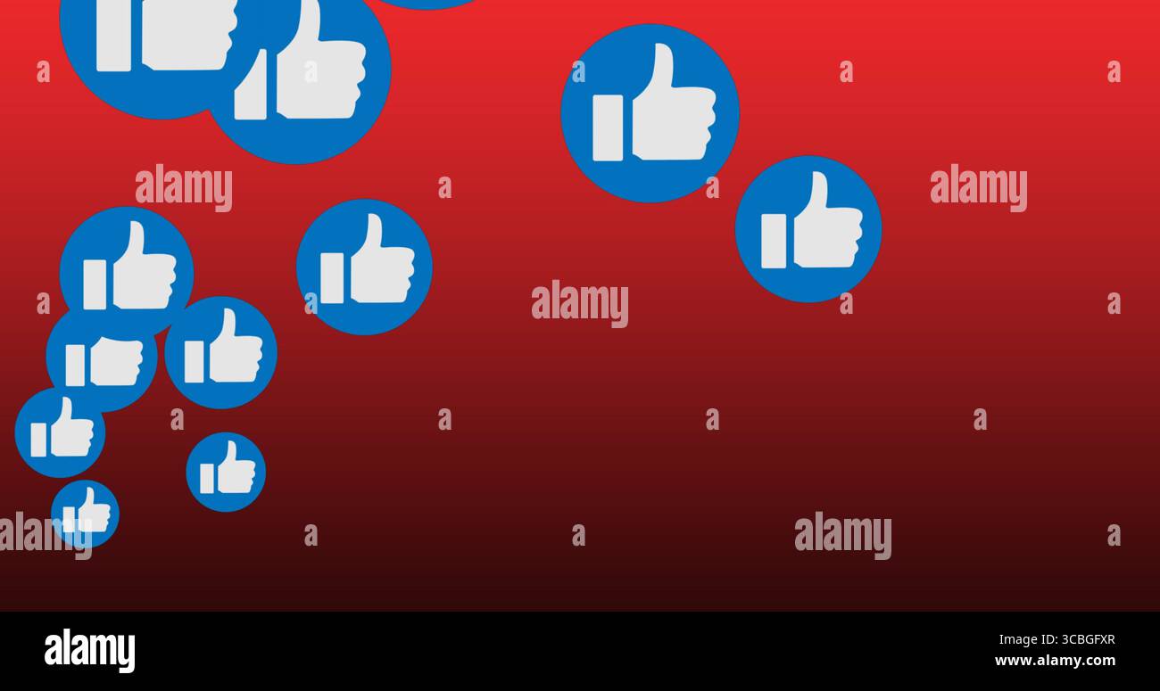 Schwebende blaue kreisförmige Symbole mit weißen Daumen-nach-oben-Symbolen auf rotem Farbverlauf, Social-Media-Thema. Digitale Schnittstelle, Benutzerinteraktion, modernes Design, t Stockfoto