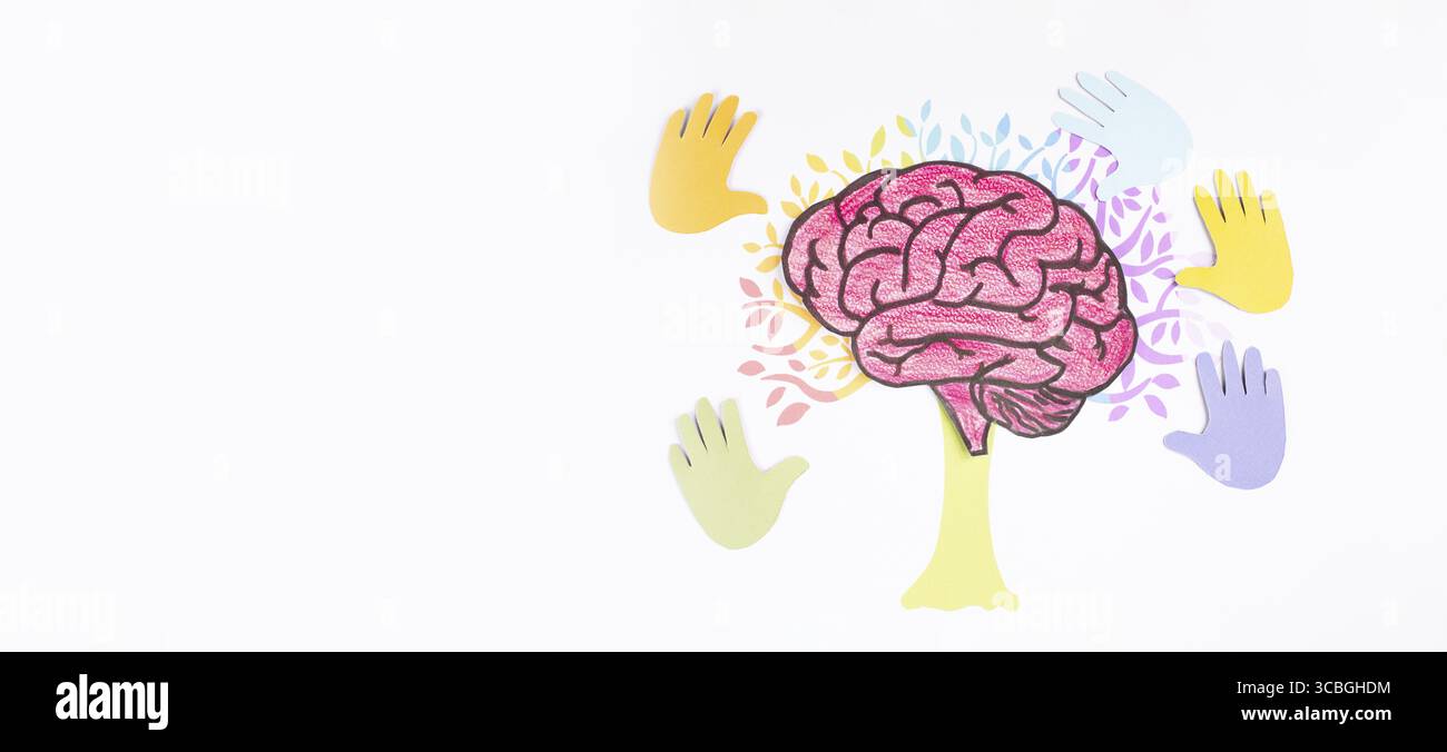 ADHS, Aufmerksamkeitsdefizit Hyperaktivitätsstörung, psychische Gesundheit, bunte Hände des Kindes, Gehirn mit kognitiven Schwierigkeiten Stockfoto