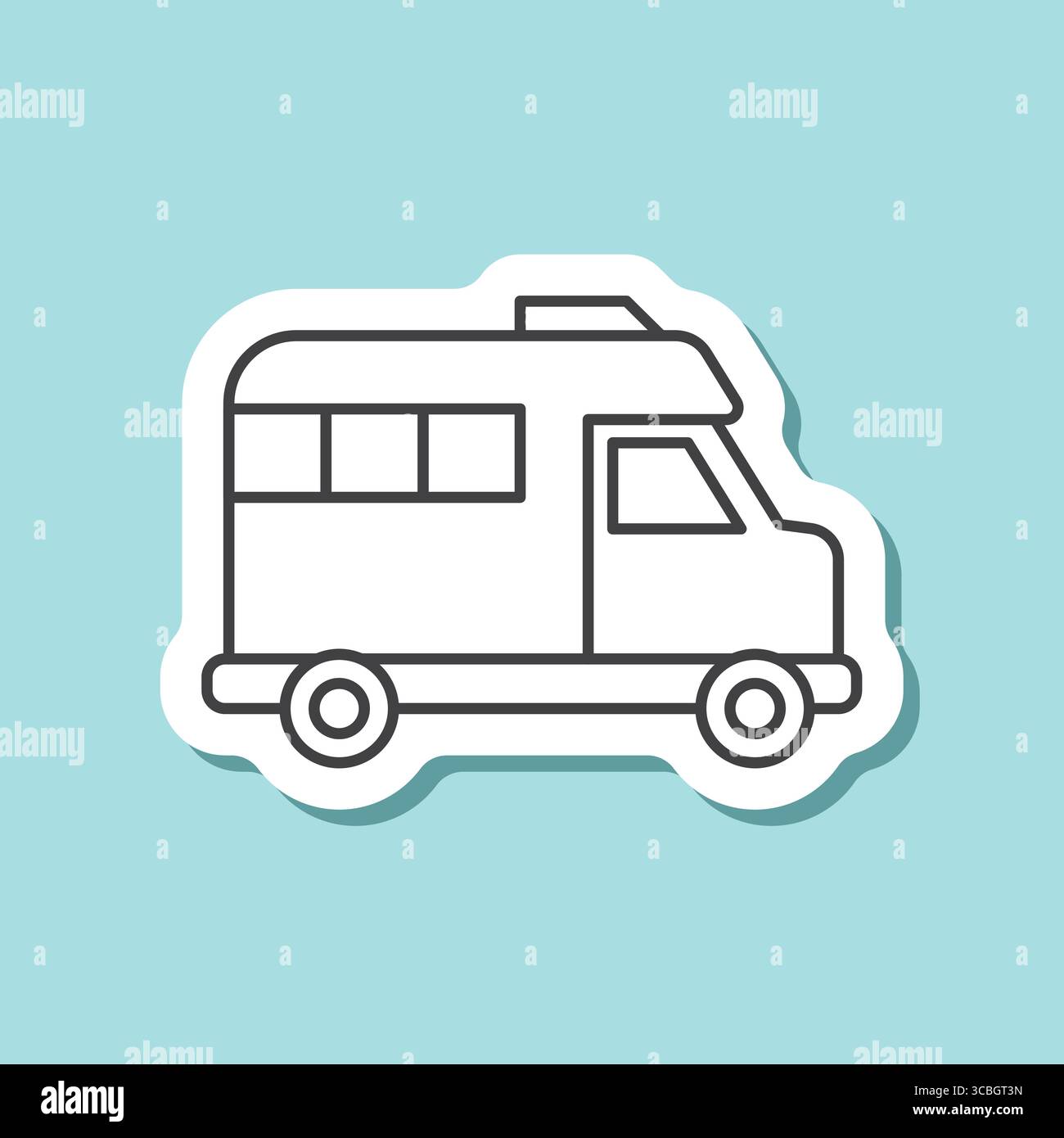 Symbol für RV-Fahrzeugaufkleber in flacher Linienführung. Camper-Vektor-Illustration auf isoliertem Hintergrund. Verkehrsschild Geschäftskonzept. Stock Vektor