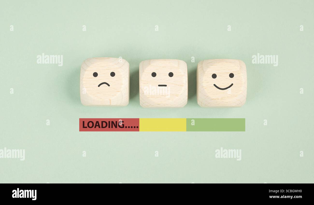 Traurig bis glücklich lächelndes Gesicht laden, geistige Gesundheit, Einstellung, positiver und negativer Geist, beeinflussen Emotionen, Unterstützung und Depression Stockfoto