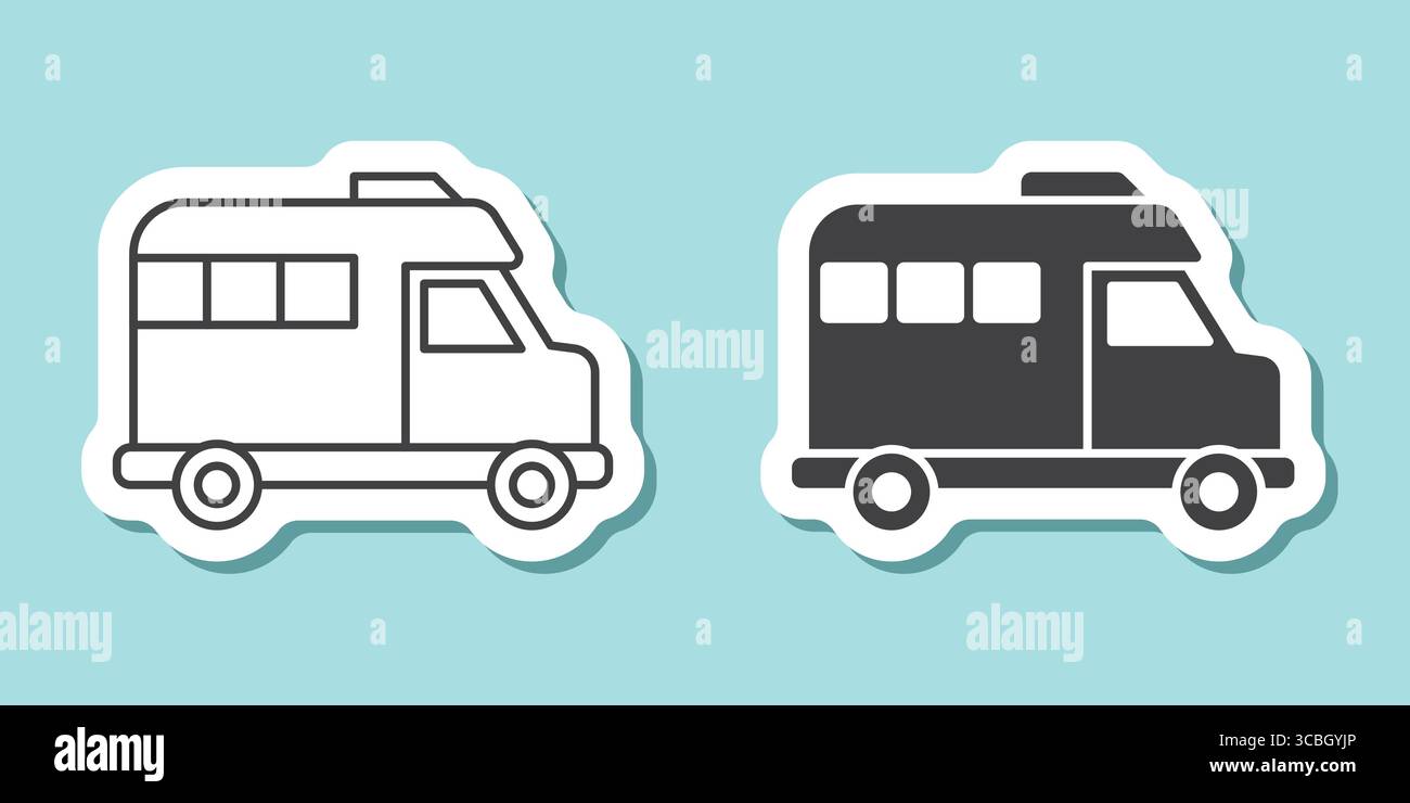 Aufkleber für Wohnmobile im flachen Stil. Camper-Vektor-Illustration auf isoliertem Hintergrund. Verkehrsschild Geschäftskonzept. Stock Vektor