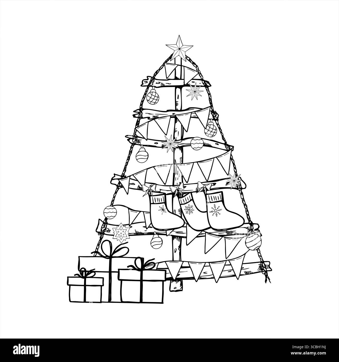 Handgemachter Weihnachtsbaum aus Holzstöcken, Seil und verzierte Flaggengirlanden, Kugeln und gestrickte Geschenk Socken Vektor Illustration. Stock Vektor