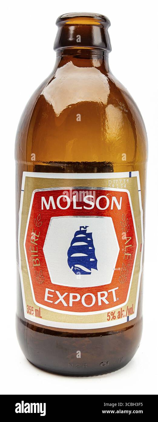 Old Molson Export Bierflasche isoliert vor weißem Hintergrund Stockfoto