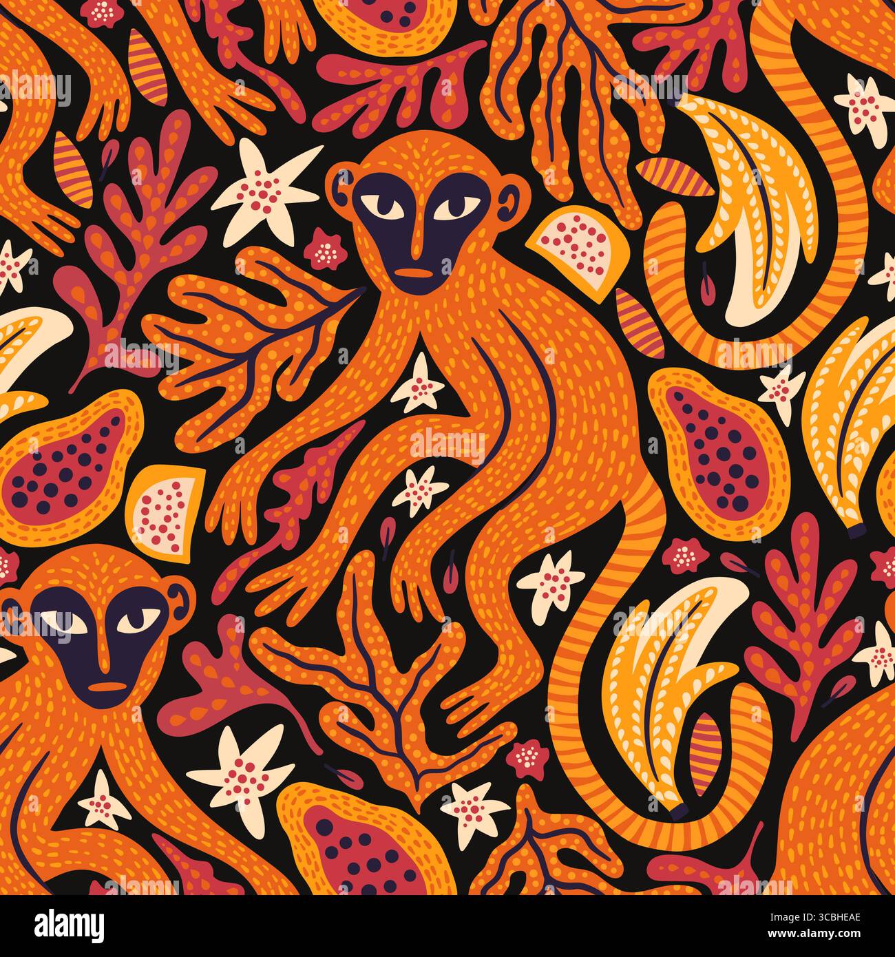 Skurrile Affen Exotische Vintage Nahtlose Vektor Dschungel Muster Tropisches Tier Botanischer Hintergrund Ethnischer Matisse Stil Stock Vektor