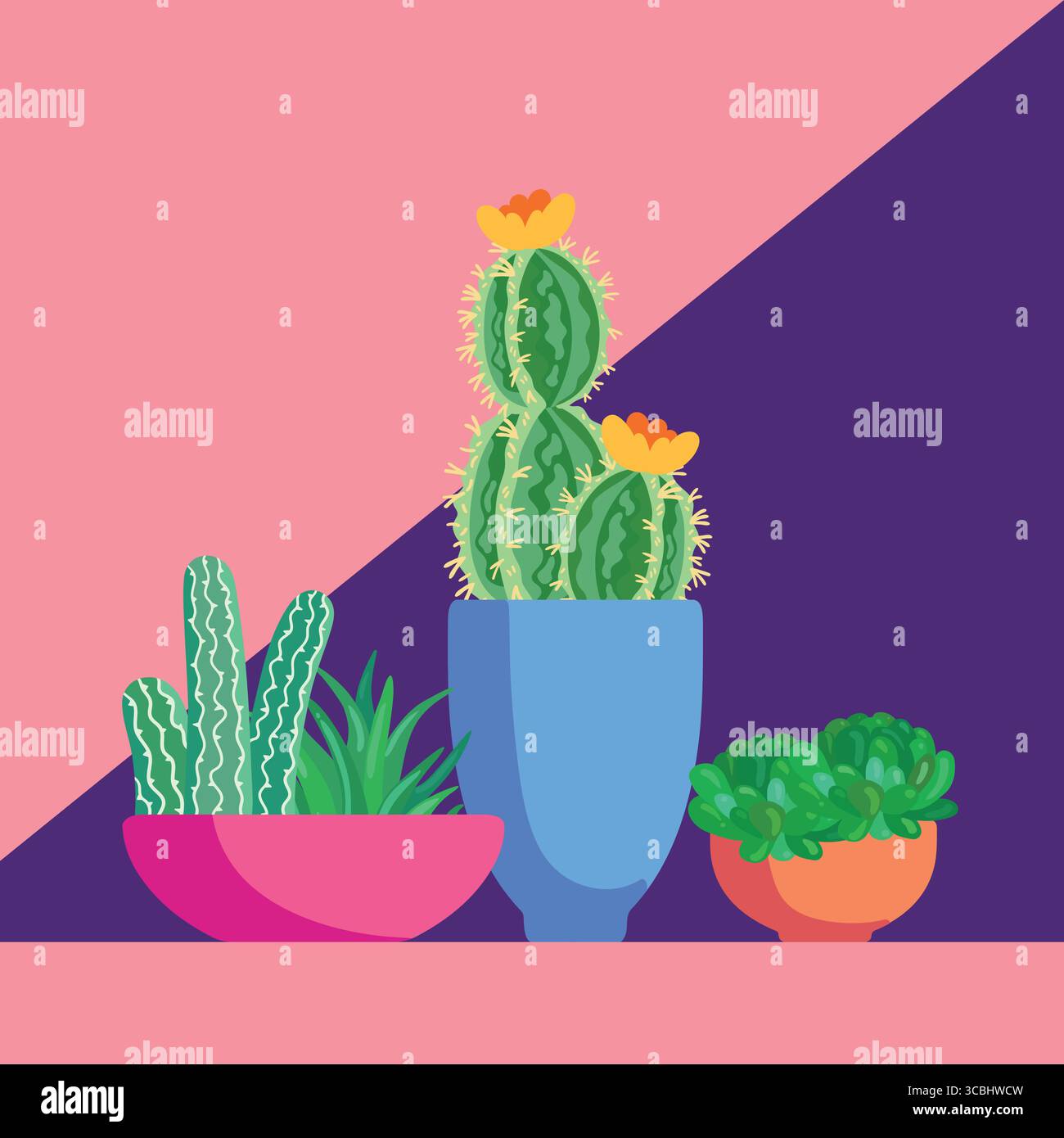 Helle Kakteen-Illustration mit geometrischem Hintergrund. Stilvolle Pflanze in lebendigem Topf, perfekt für verspielte Designs. Stock Vektor