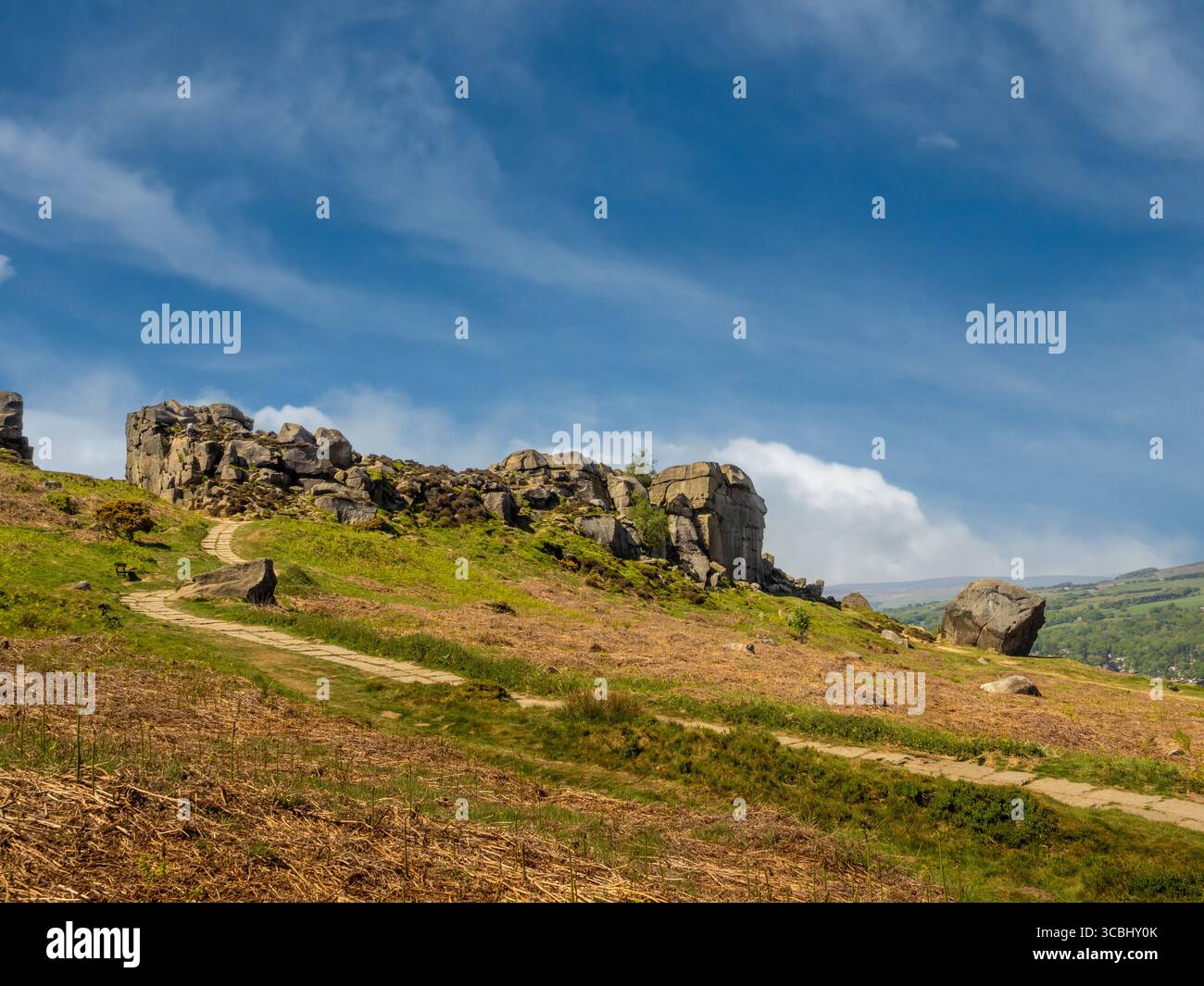 Pfad, der zu den Cow and Calf Rocks auf einem verlassenen Ilkley Moor führt, an einem sonnigen Sommertag, Stockfoto