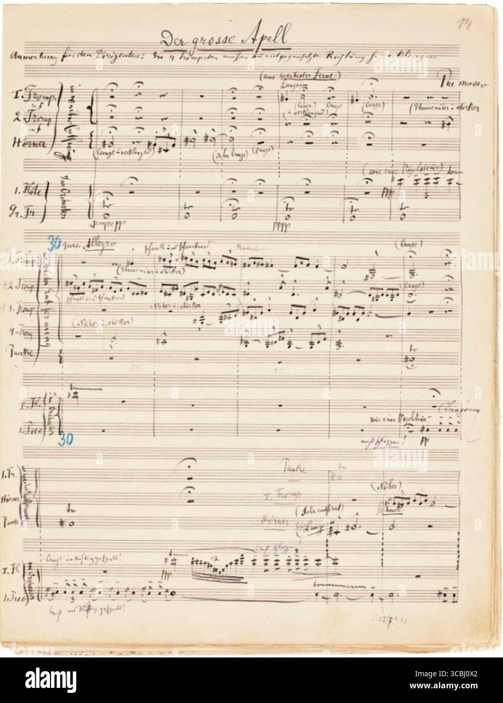 Handgeschriebenes Original-Manuskript von Gustav Mahlers Sinfonie Nr. 2, bekannt als „Auferstehungssymphonie“. Hier ist Teil V mit dem Titel Aufersteh’n mit Anmerkungen und Details zur Orchestrierung dargestellt. Ca. 1888–1894. Stockfoto