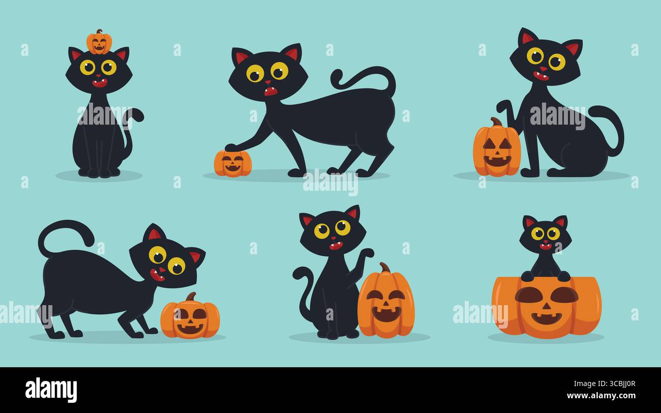 Set aus niedlicher schwarzer Katze mit Halloween-Kürbis. Niedliche Illustrationsbündel von Katze, die mit Kürbis spielt, perfekt für Designelemente Stock Vektor
