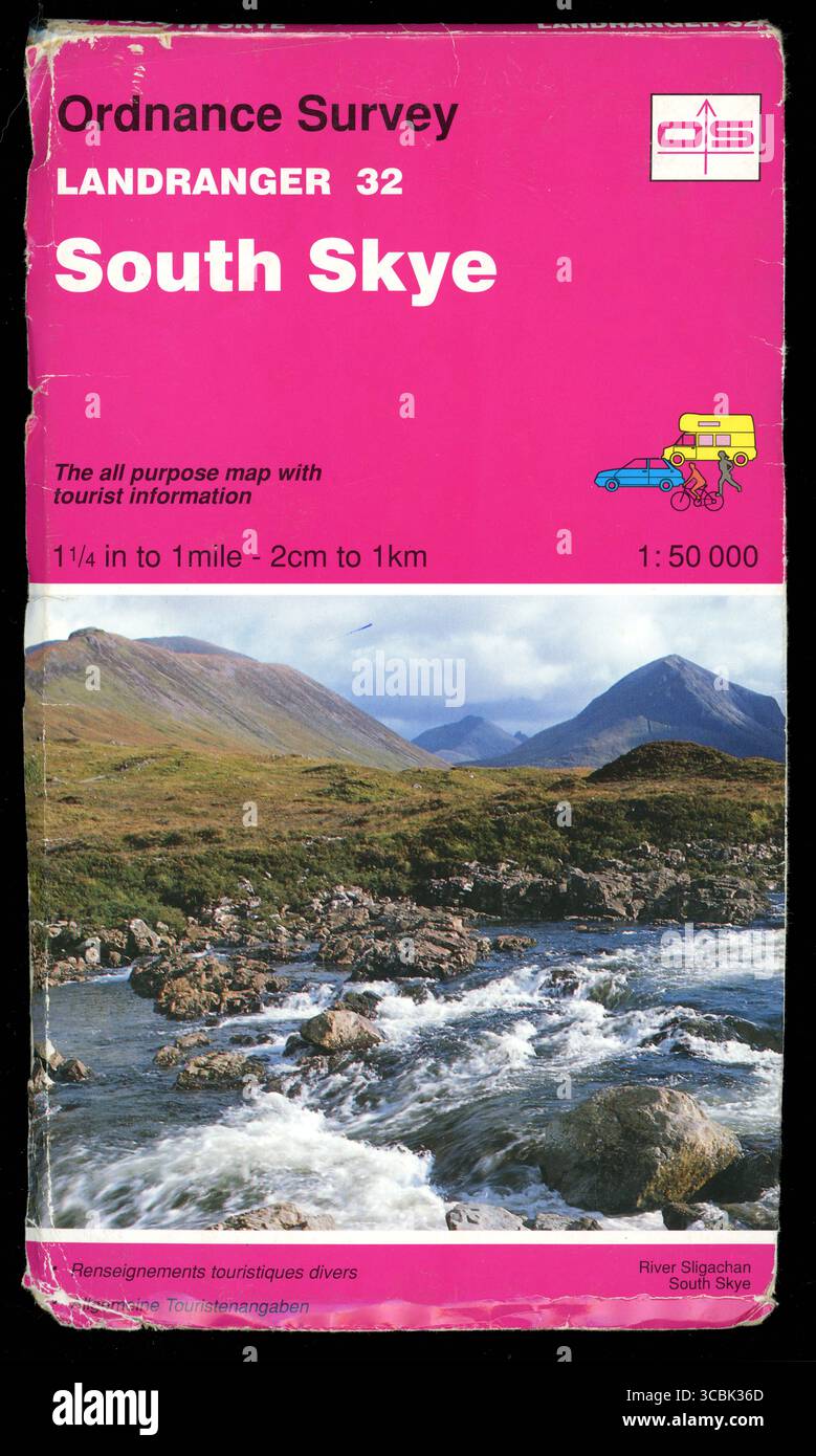 Vintage Ordnance Survey Karte, Landranger 32 Karte South Skye und Cuillin Hills - Nordwestküste Schottlands im Inneren Hebriden Archipel. Es ist die größte und nördlichste der Inner Hebriden Inseln. Großbritannien, Großbritannien Veröffentlichungsdatum 1994. Stockfoto