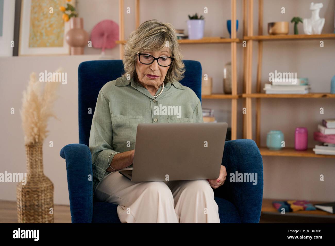 Zielgerichtete Seniorin, die zu Hause ein Notebook benutzt Stockfoto