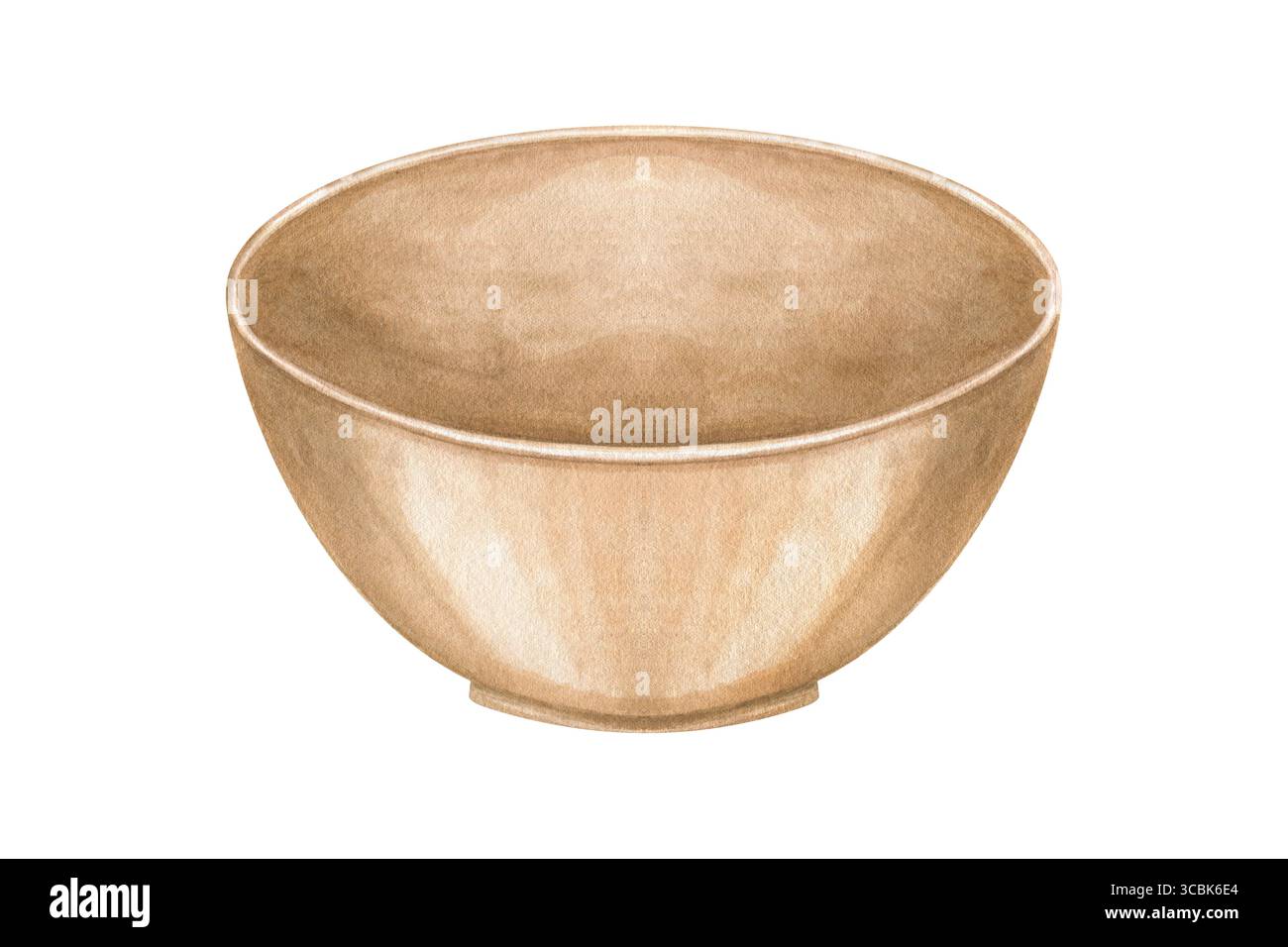 Traditionelle asiatische Keramikschale für Suppe oder Tee, bemalt mit Aquarell. Leere braune Tellerskizze auf isoliertem Hintergrund. Runde handgemachte Töpferwaren Stockfoto