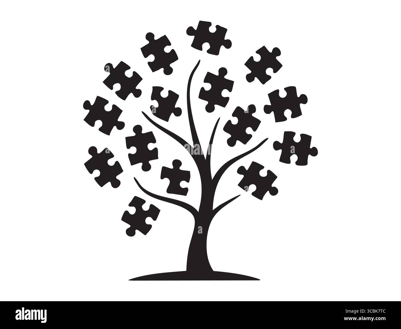 Schwarze Silhouette eines Baumes mit Puzzleteilen als Blätter, isoliert auf weißem Hintergrund. Konzept von Einheit, Wachstum, Rätsel, Wissen, kreativem Problem... Stock Vektor