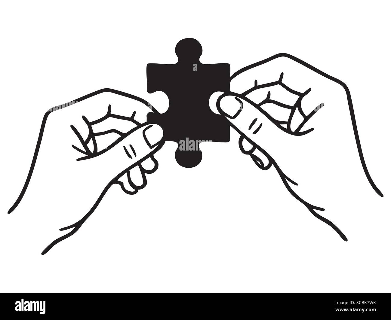 Schwarze Silhouette der Hände, die ein Puzzleteil halten, isoliert auf weißem Hintergrund. Konzept der Problemlösung, Teamarbeit, Spiel, Strategie, Symbol, Logo, Desi Stock Vektor