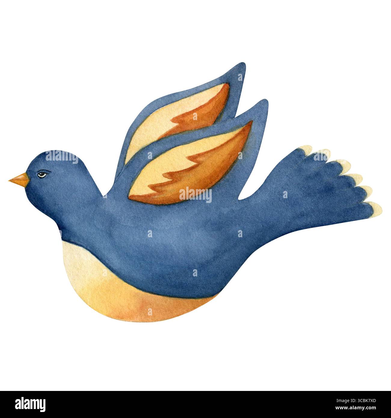 Aquarellabbildung blauer Vogel. Handgezeichnet isoliert auf weißem Hintergrund. Zeichnung für Postkarten, Aufkleber und Scrapbooking Stockfoto