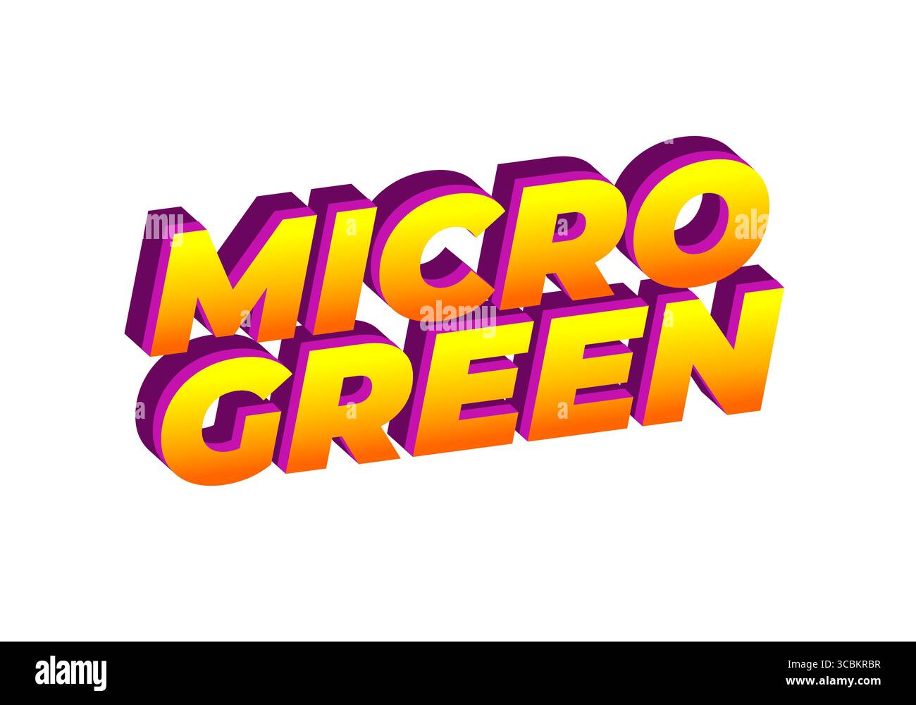 Farbenfrohes 3D-Textdesign mit den Wörtern MIKROGRÜN in einem leuchtenden Gelb- und Lila-Farbverlauf, geeignet für Branding- oder Werbematerialien Stock Vektor