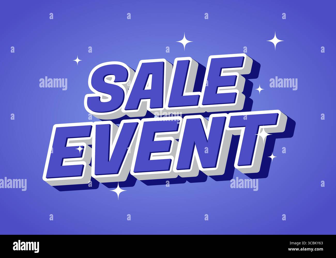 Eine lebendige Grafik, die das VERKAUFSEREIGNIS in kräftigen, dreidimensionalen Buchstaben vor einem violetten Hintergrund mit funkelnden Sternen zeigt. Stock Vektor
