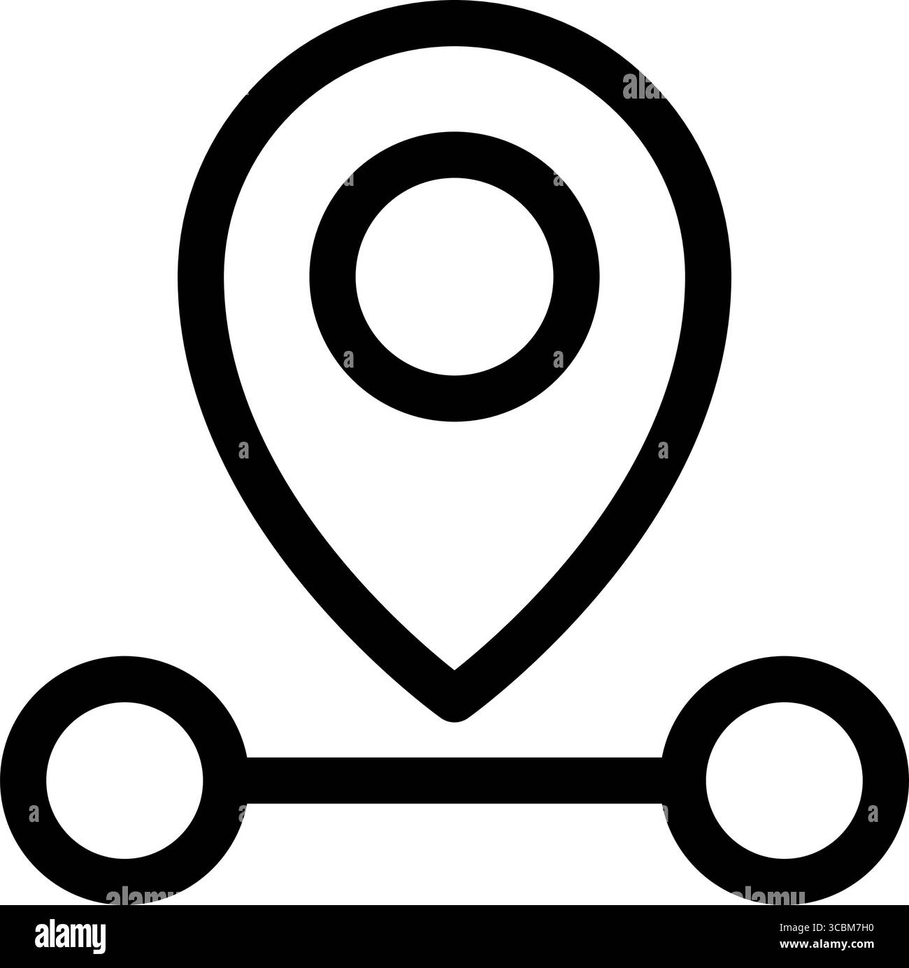 Ein Symbol zeigt eine Route zwischen zwei Positionen, dargestellt durch Kreise, die durch eine horizontale Linie verbunden sind, mit einem Positionsstift darüber. Stock Vektor