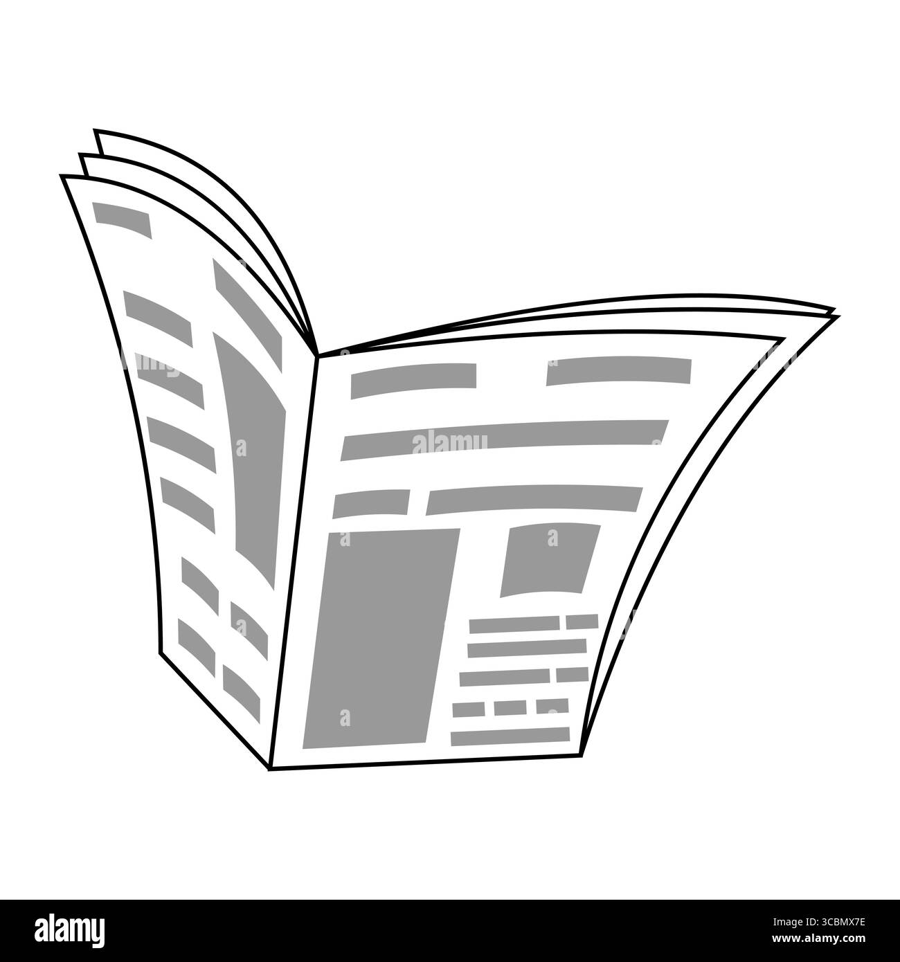 Offene Zeitung. Seiten sind mit abstrakten Textzeilen und Bildplatzhaltern gefüllt. Diese Illustration eignet sich perfekt für Webartikel, Blogs und Infografiken. Stock Vektor