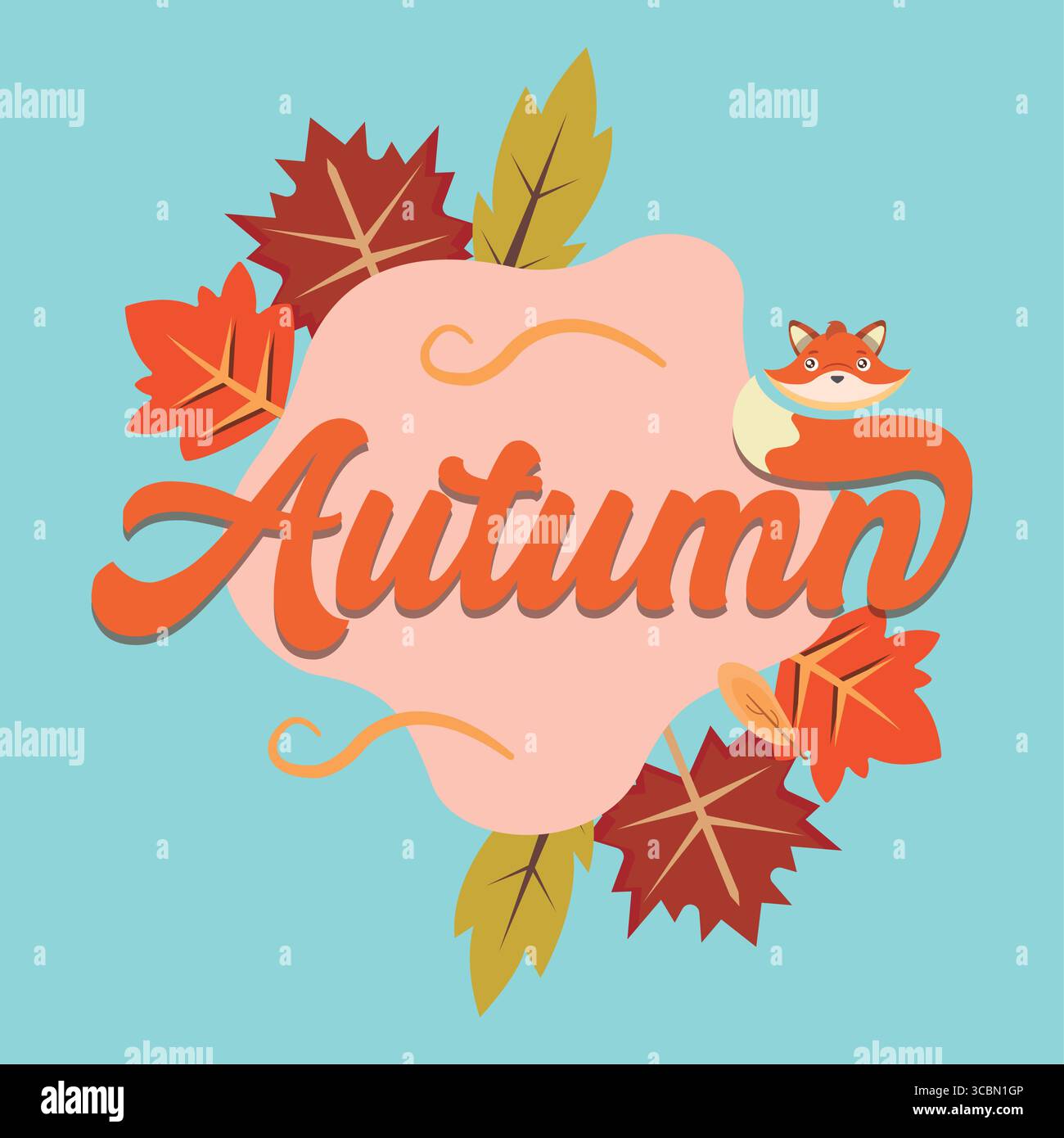 Herbstwort mit Fuchs und Blättern. Vektor Stock Vektor