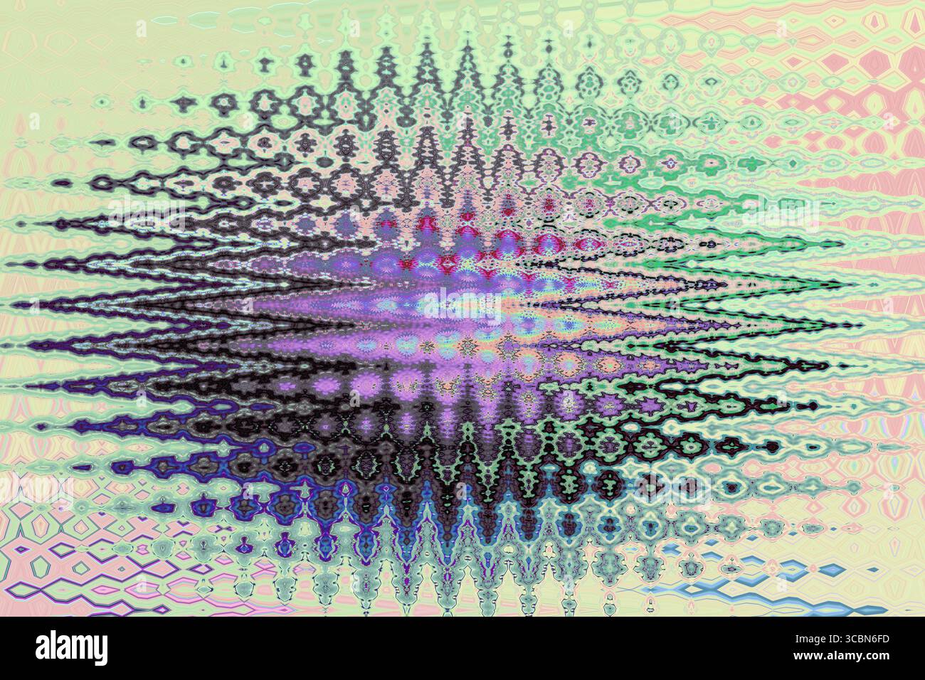 Abstraktes symmetrisches Kunstwerk mit ovalen und runden digitalen Wellen. Zentrierte visuelle Komposition mit futuristischem und klanglich inspiriertem Design. Stockfoto