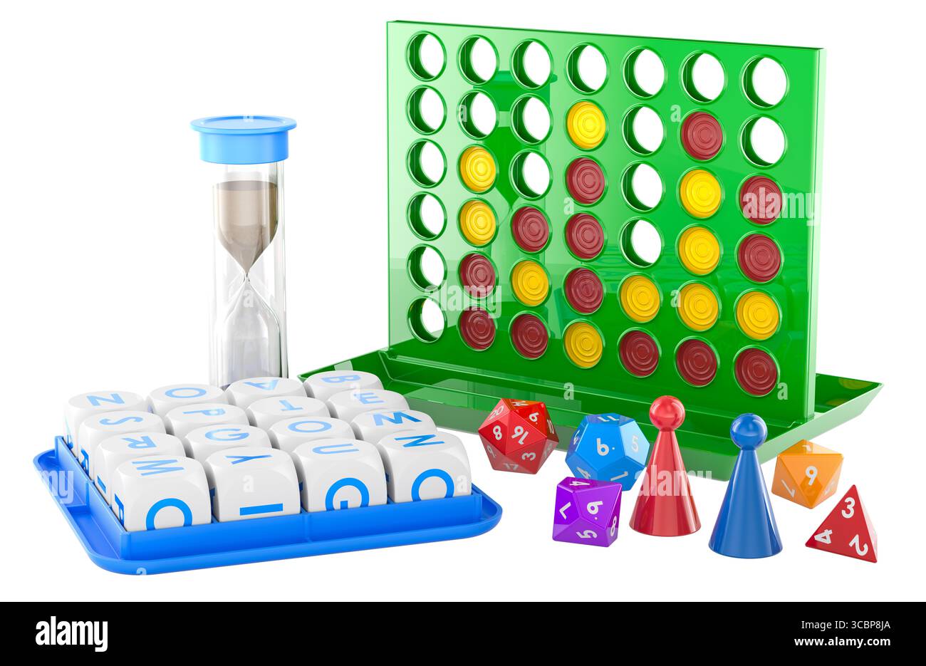 Boggle, Connect Four und Tabletop-Spielset. 3D-Rendering isoliert auf weißem Hintergrund Stockfoto