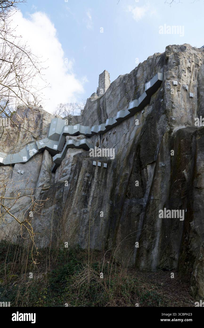 Drachenfels gesichert durch Stahlanker und Betonbewehrung, Deutschland, Nordrhein-Westfalen, Königswinter Stockfoto