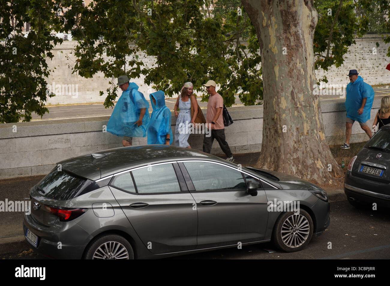 Erhöhte Sicht auf Menschen, die bei regnerischem Wetter auf einer von Bäumen gesäumten Straße laufen und stehen, einige tragen blaue Ponchos oder Regenmäntel. Stockfoto