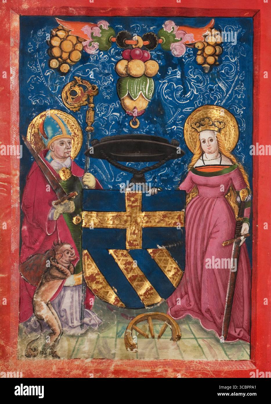 Ein Bischof und eine Dame von einer Seite aus einem Immatrikulationsregister des Rektorats der Universität Basel, Schweiz, handschriftliche Handschrift von 1460 bis 1567 Stockfoto