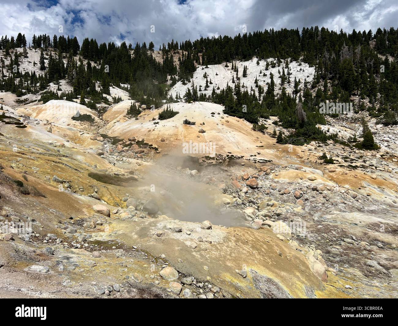 Dampf steigt aus dem hydrothermalen Ablass im geothermischen Gebiet von Bumpass Hell im Lassen Volcanic National Park auf und zeigt Mineralien und Waldkulisse. - Smartphone-aufgenommenes Stockfoto
