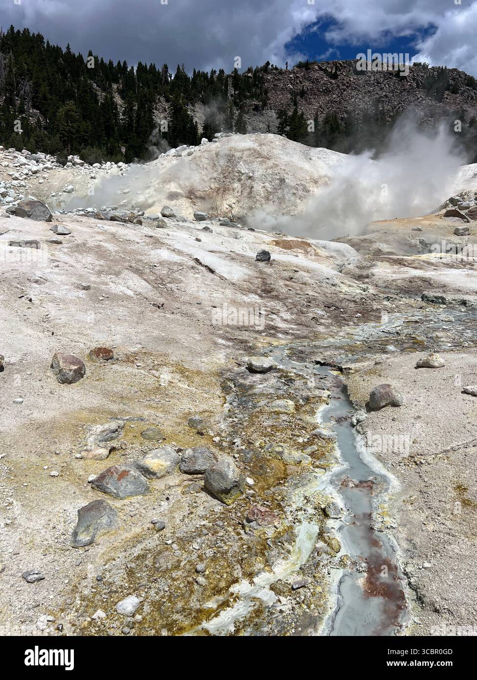 Weiße Minerallagerstätten mit Dampfauslässen im hydrothermalen Gebiet von Bumpass Hell im Lassen Volcanic National Park, die aktive geothermische Prozesse zeigen. - Smartphone-aufgenommenes Stockfoto