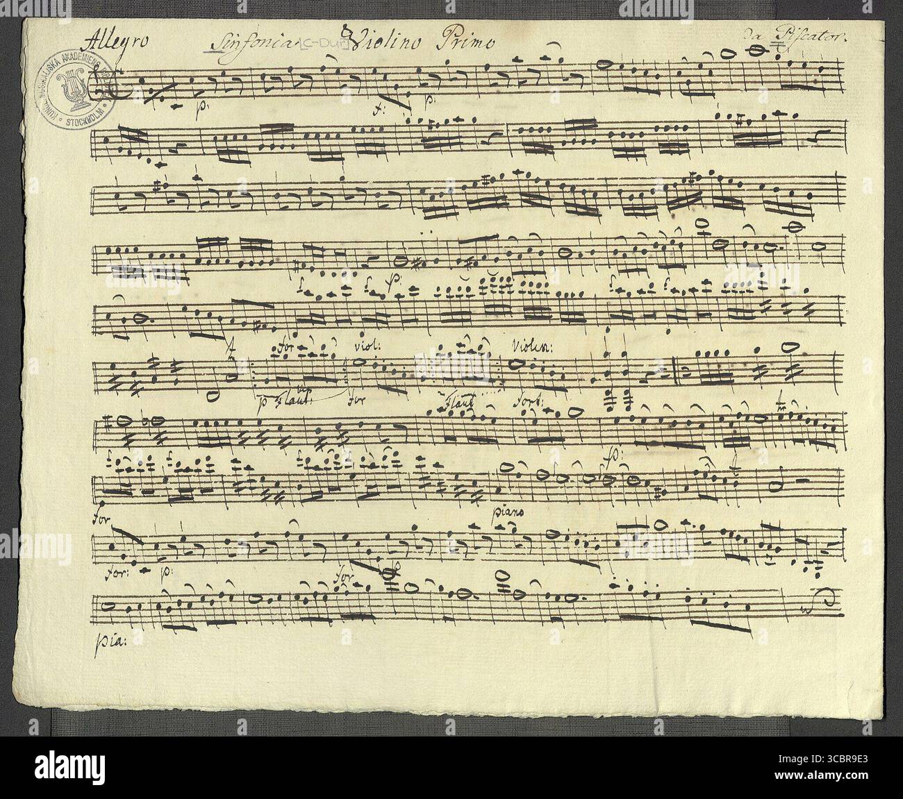 Historische Handschrift der ersten Violinstimme für Sinfonia C-Dur des Komponisten Andreas Piscator (1736–1804) vom 1. Januar 1770. Handgeschriebene Notenschrift auf gealtertem Papier. Stockfoto