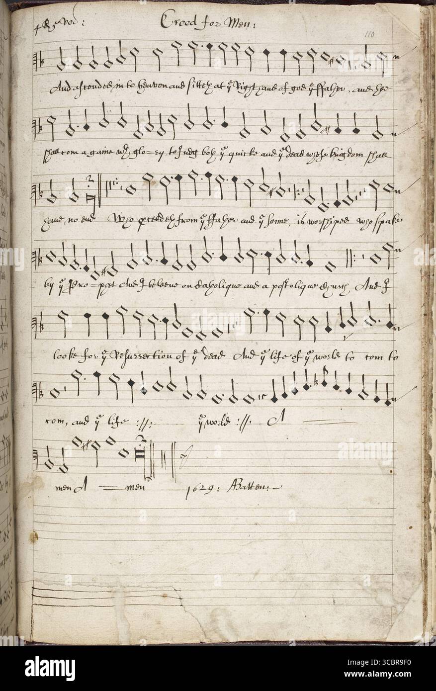 Historisches Manuskript des Creed for Men des englischen Komponisten Adrian Batten, datiert 1629. Handgeschriebene Chornotation und Texte in der eigenen Hand des Komponisten. Stockfoto