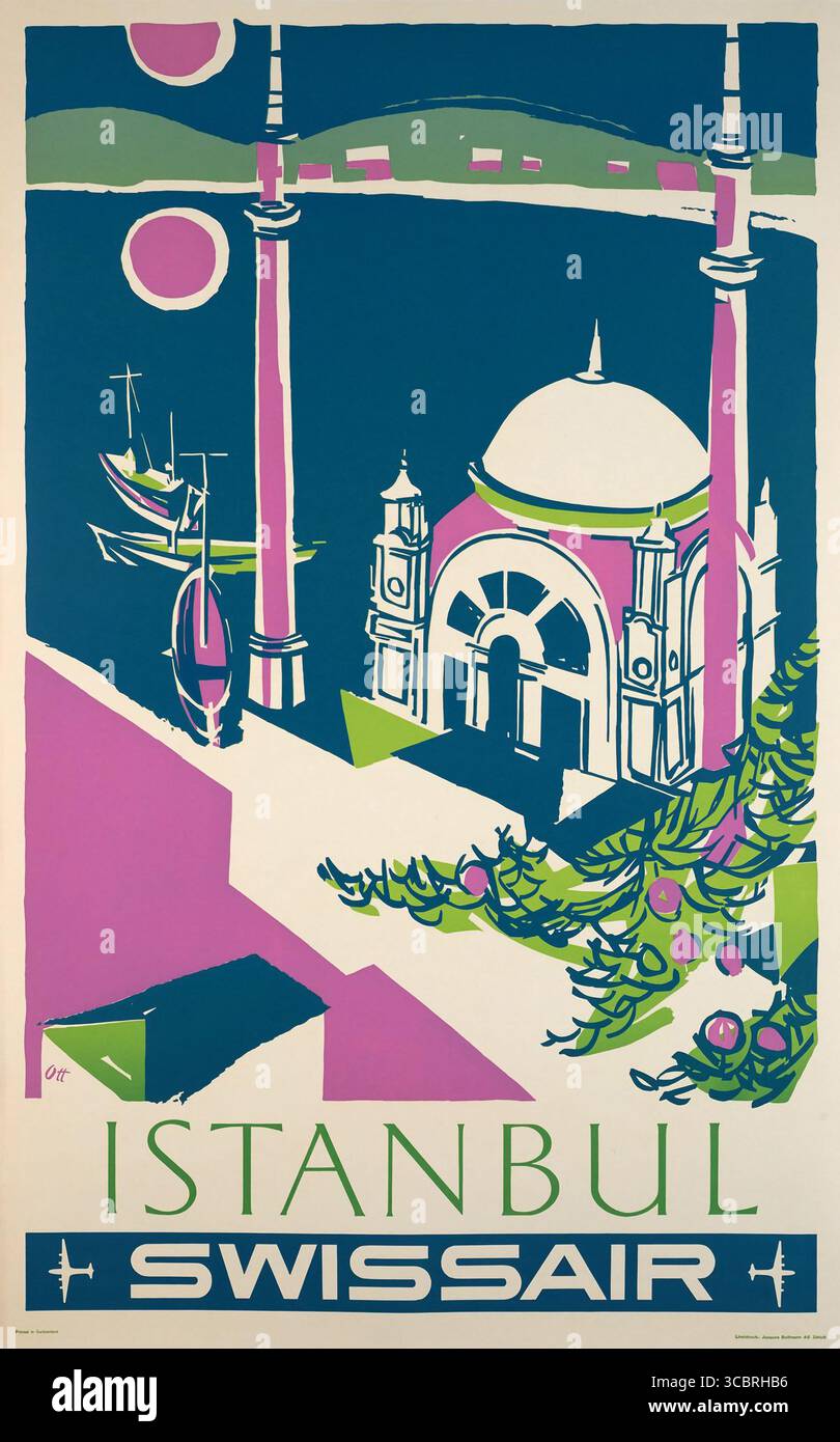Ein wunderschönes Reiseposter aus dem Jahr 1951 für Swissair, der nach Istanbul in der Türkei fliegt. Stockfoto