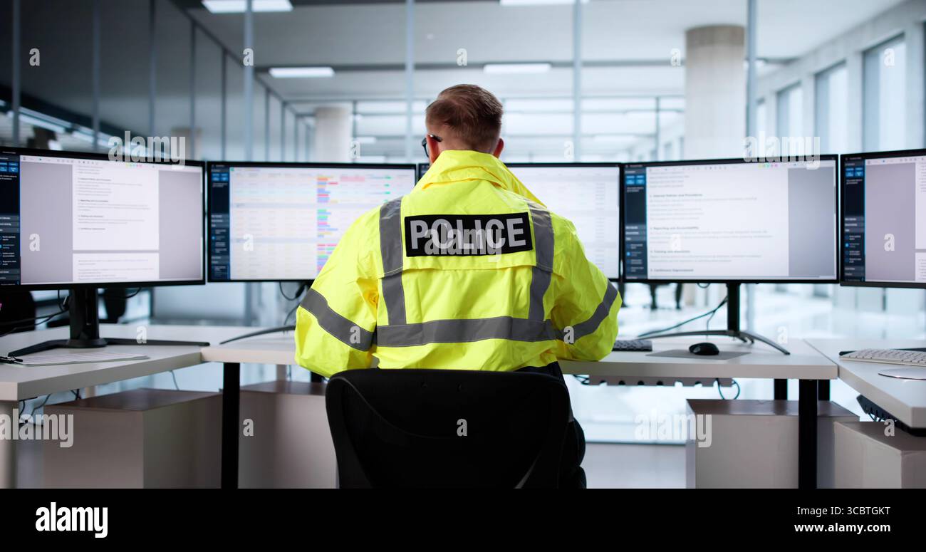 Ein Junger Polizist Mit Badge Leitet Das Sicherheitssystem Auf Der Station Stockfoto