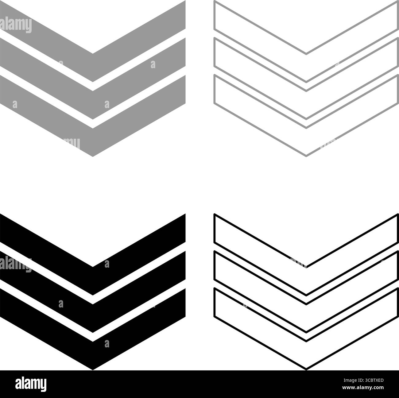Armee Chevron Militär Rang Insignia Abzeichen Symbol Zeichen Kleinoffizier Set Icon grau schwarz Farbe Vektor Illustration Bild einfache Vollfüllung Umriss Stock Vektor