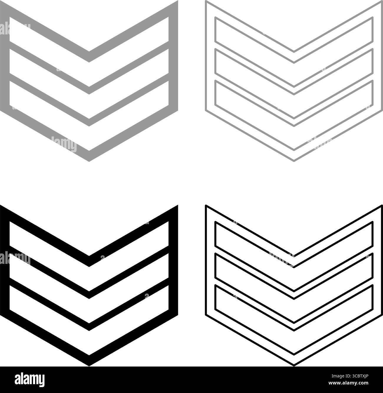 Armee Chevron Militär Rang Insignia Abzeichen Symbol Zeichen Kleinoffizier Set Icon grau schwarz Farbe Vektor Illustration Bild einfache Vollfüllung Umriss Stock Vektor