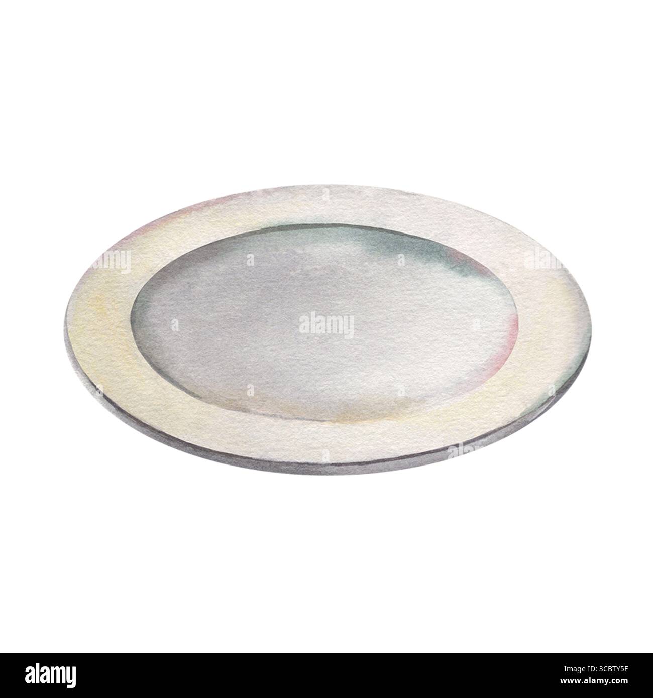 Flache Platte. Handgemalte Aquarellillustration des Geschirrs isoliert auf weißem Hintergrund für Küchendekor, festliche Tischdekoration, Rezeptbücher, Café Stockfoto