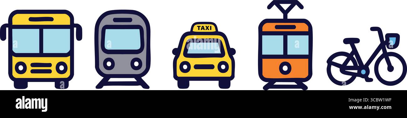 Horizontale Reihe von Nahverkehrsfahrzeugen mit Frontansicht, einem großen Stadtbus, einem kompakten Shuttle, einem U-Bahn-Auto und einer modernen Straßenbahn. Stock Vektor