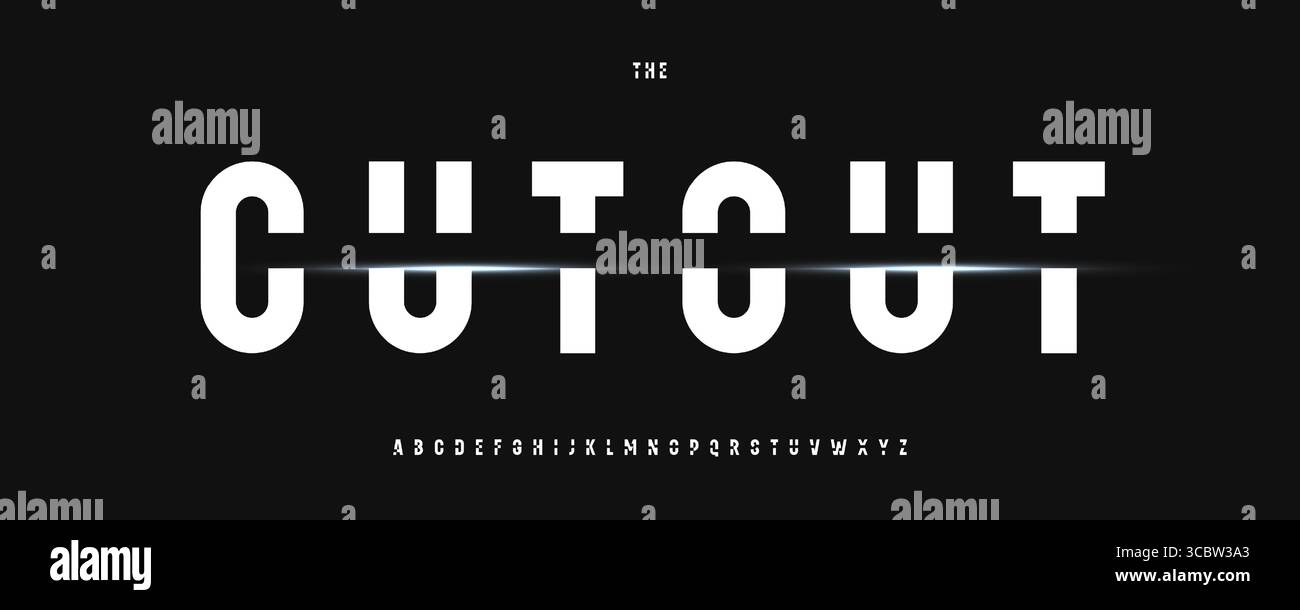 Hohes, auffälliges Alphabet mit Ausschnitt, schmale geometrische Serifenbuchstaben, Cyber-Tech-Schriftart für scharfes sportliches modernes Logo, auffällige Headline, futuristischer Roboter Stock Vektor