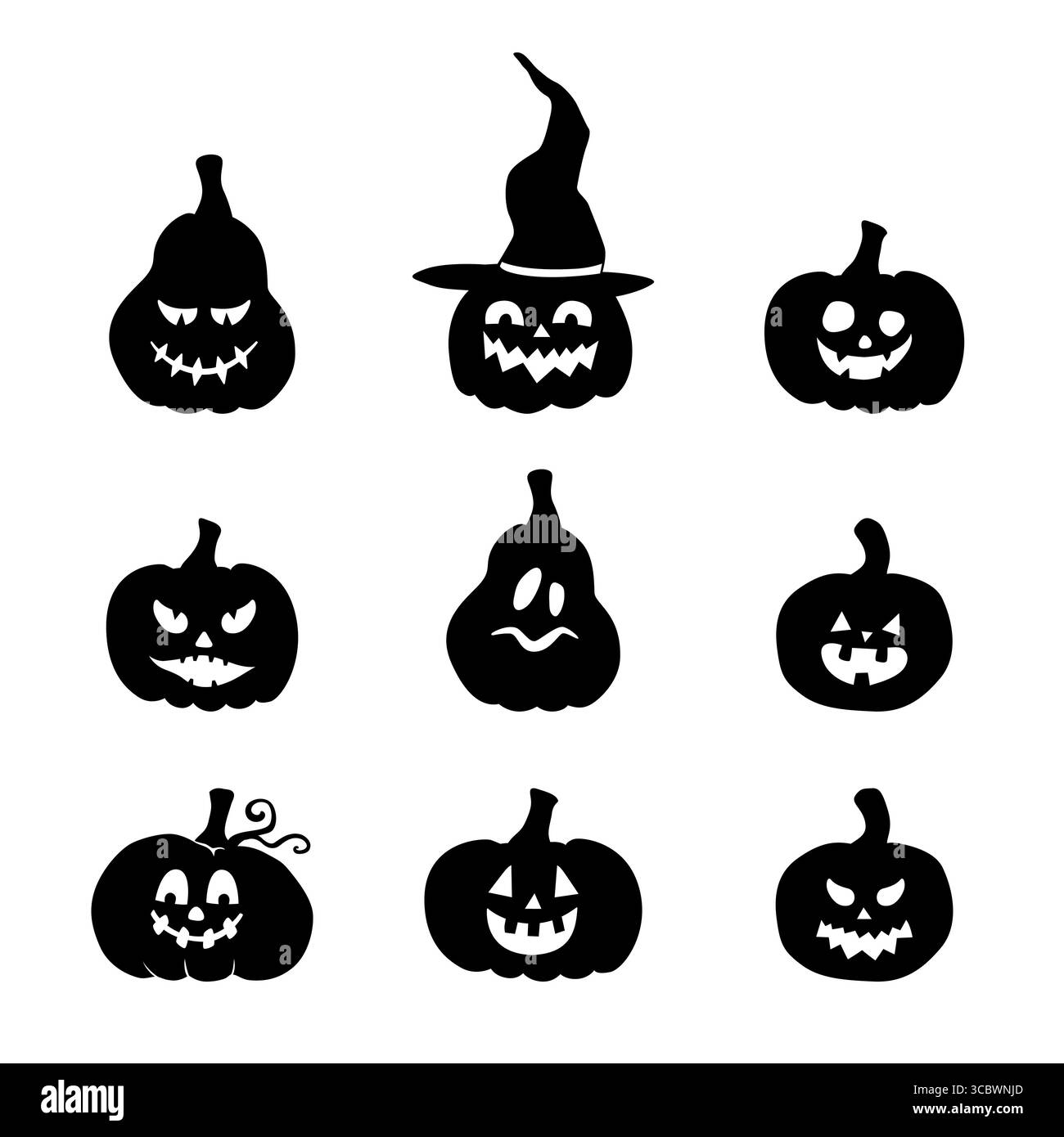 Set aus Halloween-Kürbissen mit gruseligen Gesichtern im handgezeichneten Stil Stock Vektor