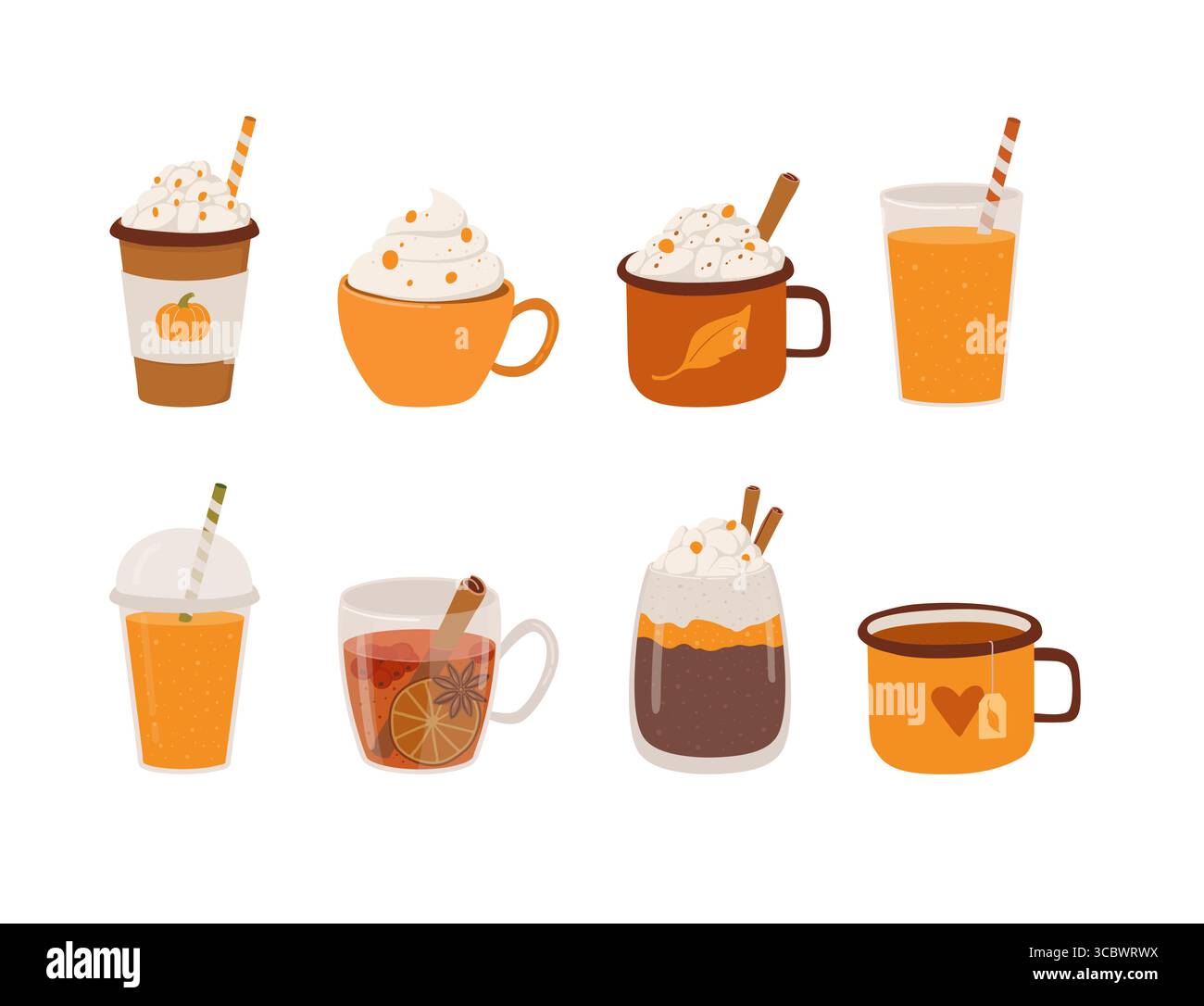 Set aus verschiedenen Herbst- und Wintergetränken Vektor-Illustration. Handgezeichnete Tasse mit Cappucino, Kürbislatte, heißer Schokolade, Kakao, Smoothie, Saft Stock Vektor