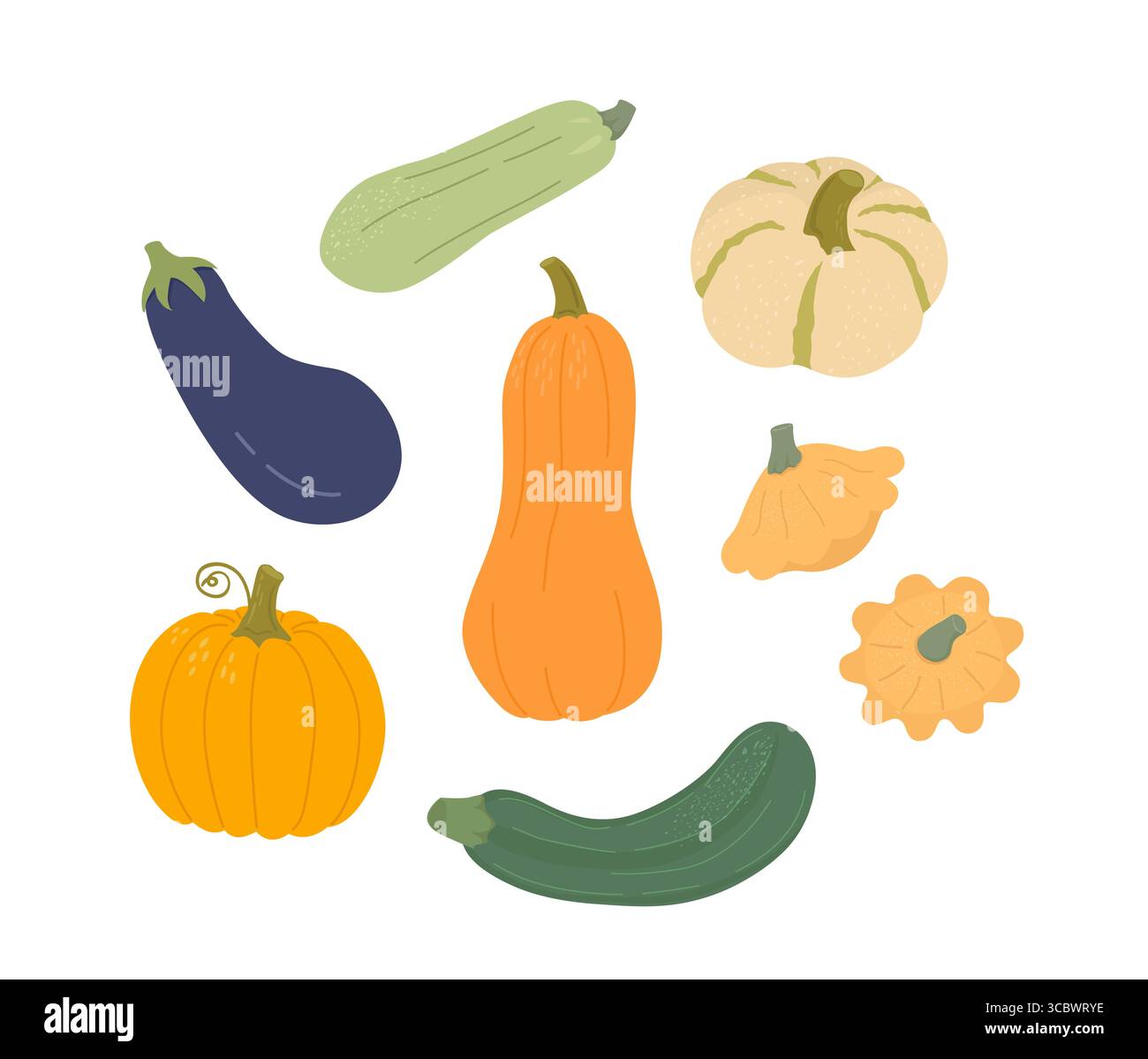 Set mit Bio-Herbstgemüse. Ernte von Kürbis, Zucchini, Kohl, Kürbis, Patisson, Karotten, Zwiebeln, Pfeffer, Pilze. Flach handgezeichnet V Stock Vektor