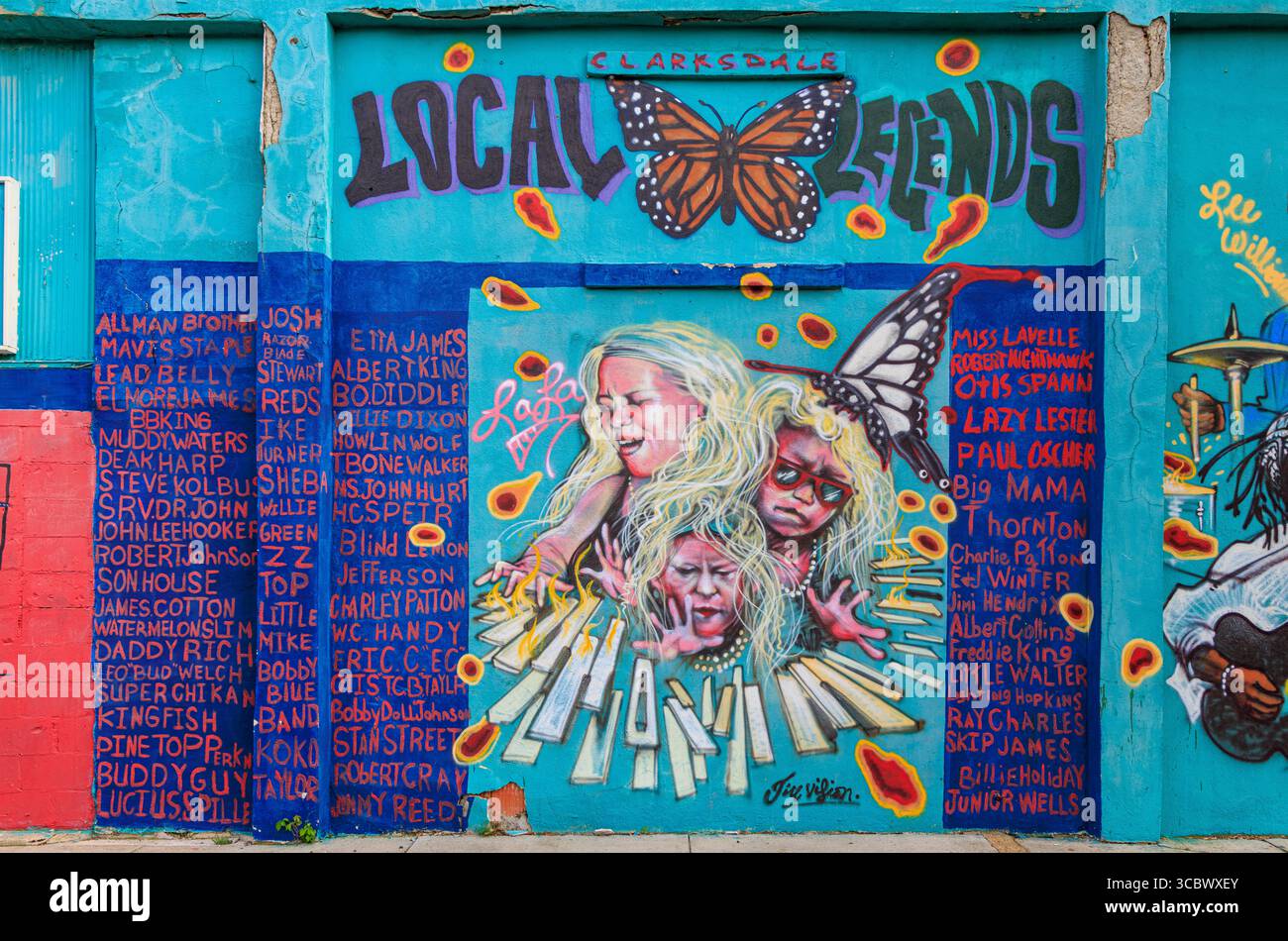 Wandgemälde lokaler Blues-Künstler in der 3rd Street, Clarksdale, Mississippi, USA Stockfoto