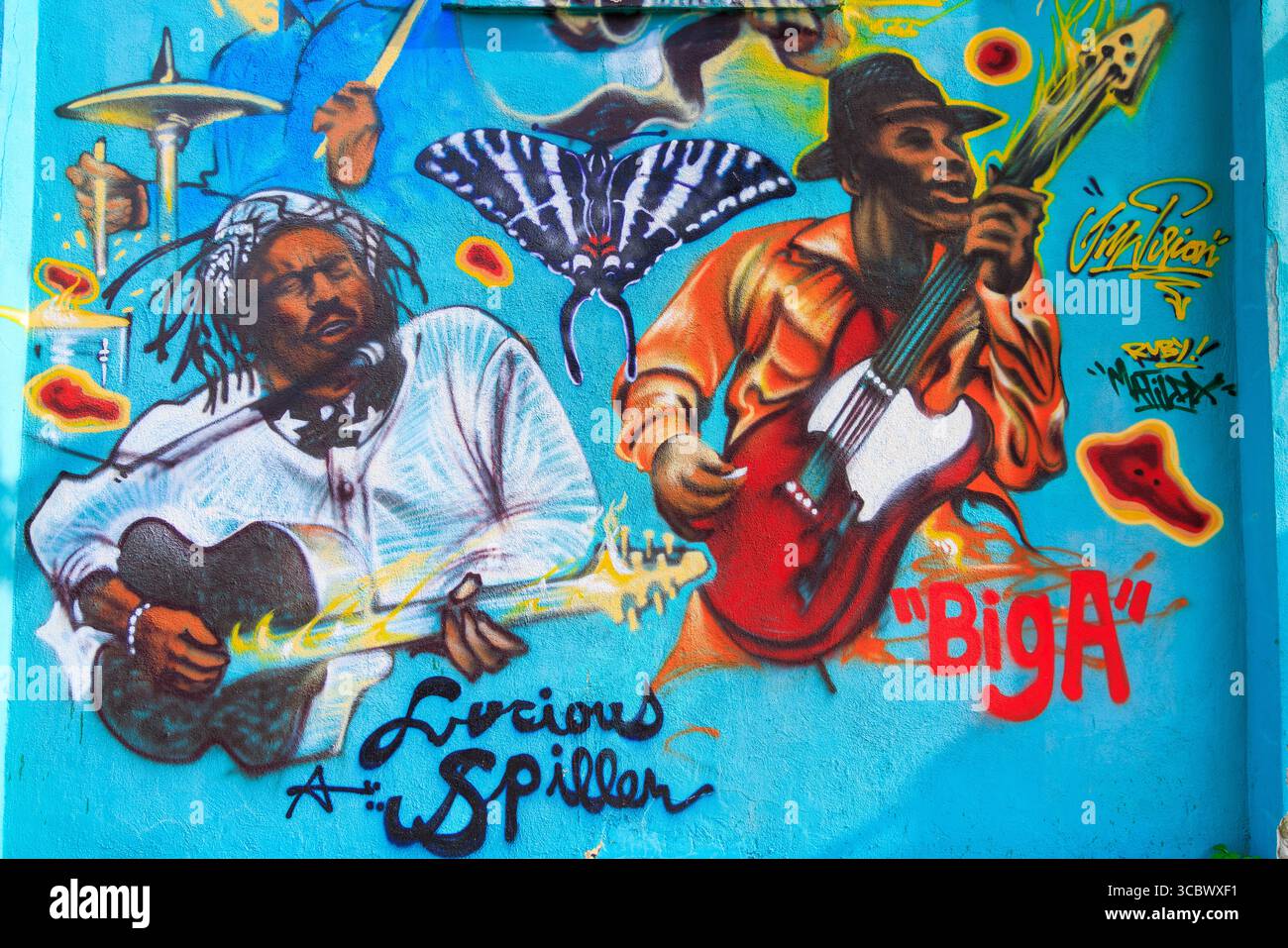 Wandgemälde lokaler Blues-Künstler in der 3rd Street, Clarksdale, Mississippi, USA Stockfoto