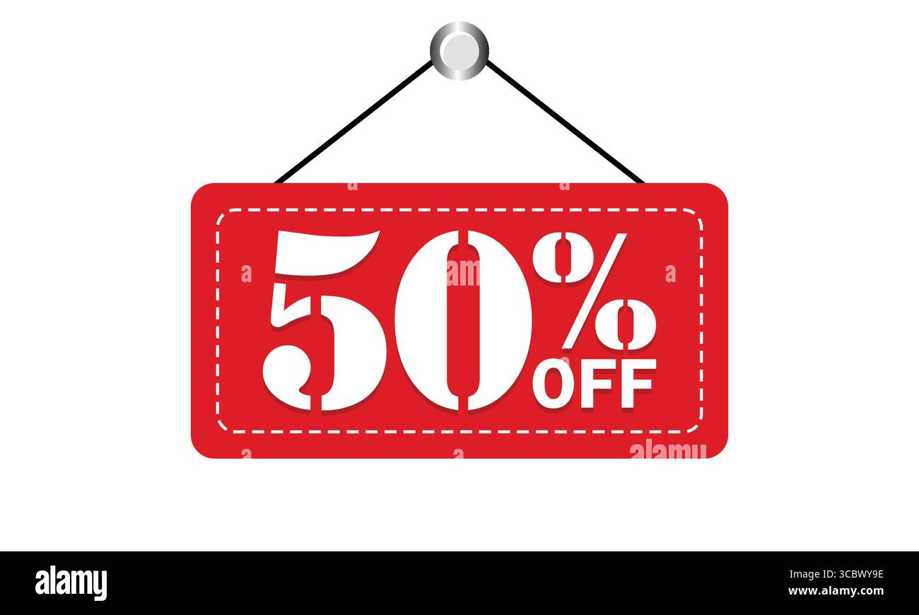 50 % Rabatt Auf Das Schild – Rotes Hängendes Verkaufsschild Stock Vektor