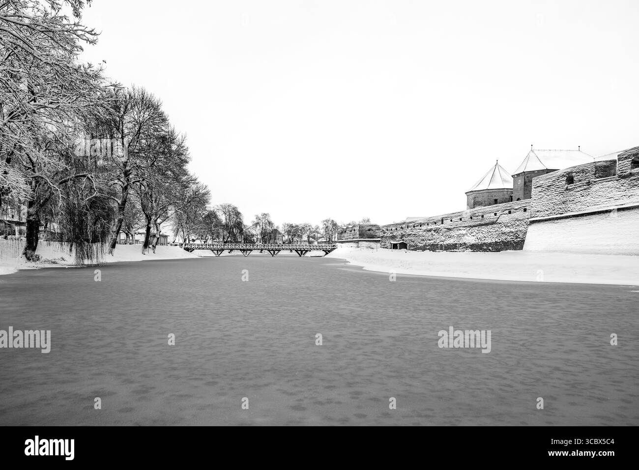 Mittelalterliche Festung Fagaras bedeckt mit Schnee am Ufer des gefrorenen Sees; Zitadelle Fagaras in Fagaras, Grafschaft Brasov, Transsilvanien, Rumänien in schwarz Stockfoto