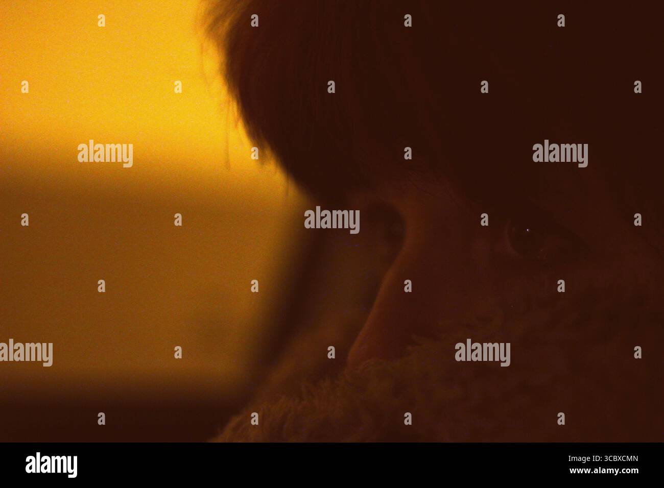 Porträt einer Person in warmem, schwachem Licht, das Gesicht teilweise mit einem weichen, strukturierten Stoff bedeckt ist. Die Augen sind fokussiert und schauen nachdenklich, ag Stockfoto